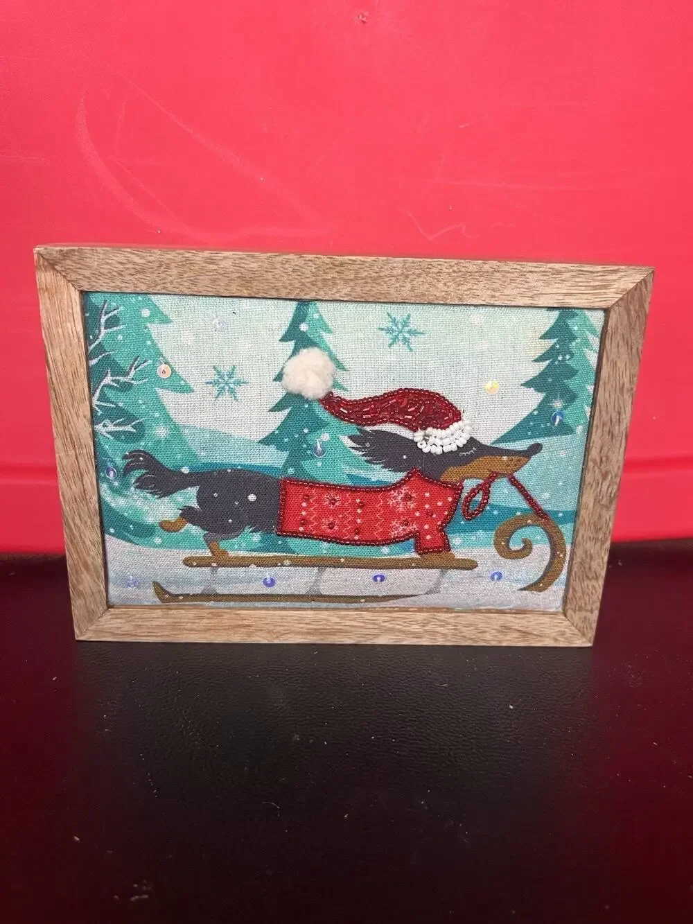 Shaila Anant Dachshund Dog Christmas Fabric Picture Frame 5x7 Handcrafted India